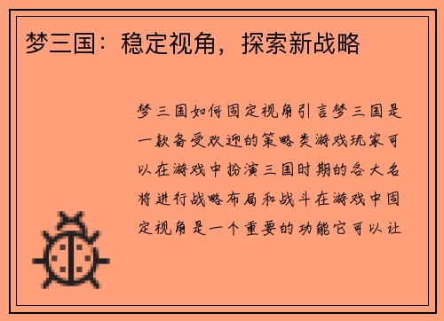 梦三国：稳定视角，探索新战略